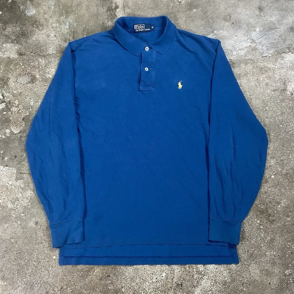 Vintage 90s Polo Ralph Lauren Long Sleeve Polo Size Medium Blue Mock Neck Pony